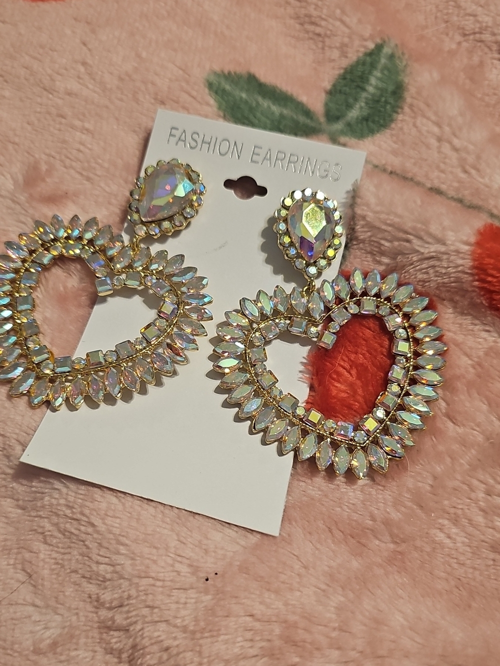 Fashion Jewelry Iridescent Heart Drop Earrings - Gold Tone